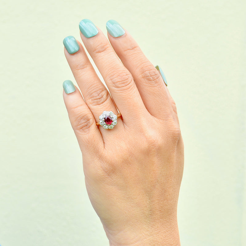 Vintage Ruby and Diamond 18ct Yellow Gold Halo Ring (1.32cts)