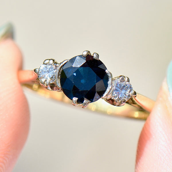 Vintage 1970s Sapphire and Diamond 18ct Yellow Gold Three-Stone Ring (1.27cts)