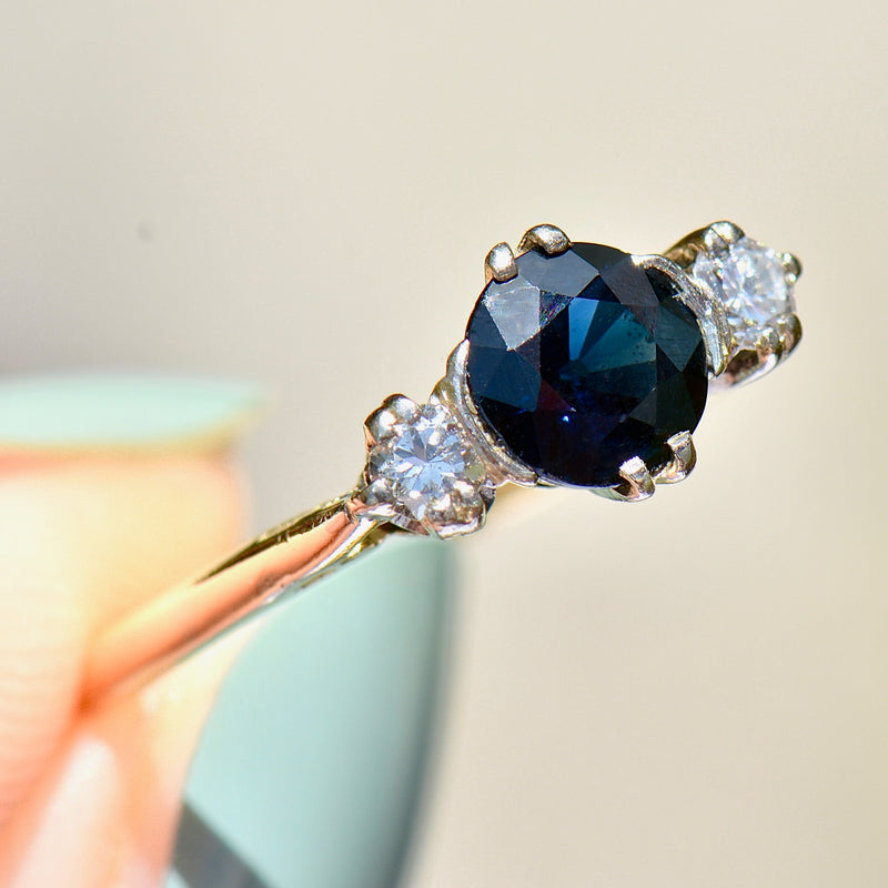 Vintage 1970s Sapphire and Diamond 18ct Yellow Gold Three-Stone Ring (1.27cts)