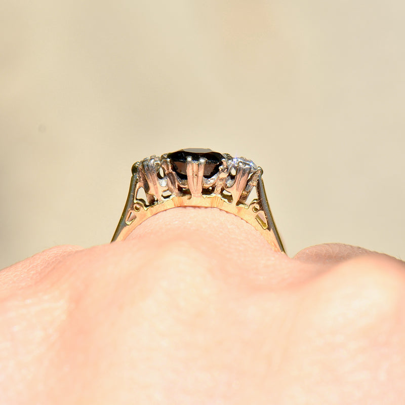 Vintage 1970s Sapphire and Diamond 18ct Yellow Gold Three-Stone Ring (1.27cts)