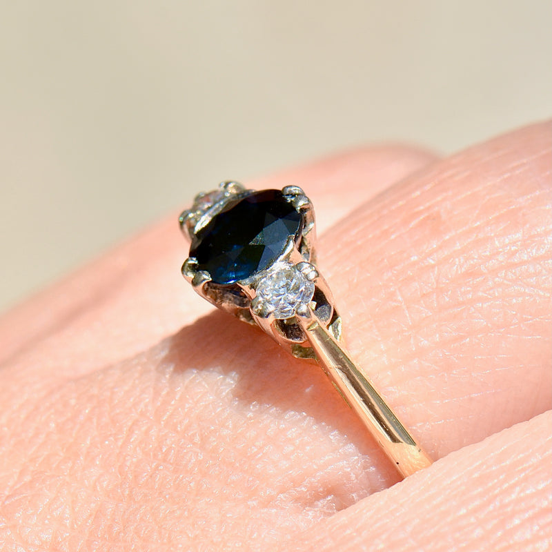 Vintage 1970s Sapphire and Diamond 18ct Yellow Gold Three-Stone Ring (1.27cts)