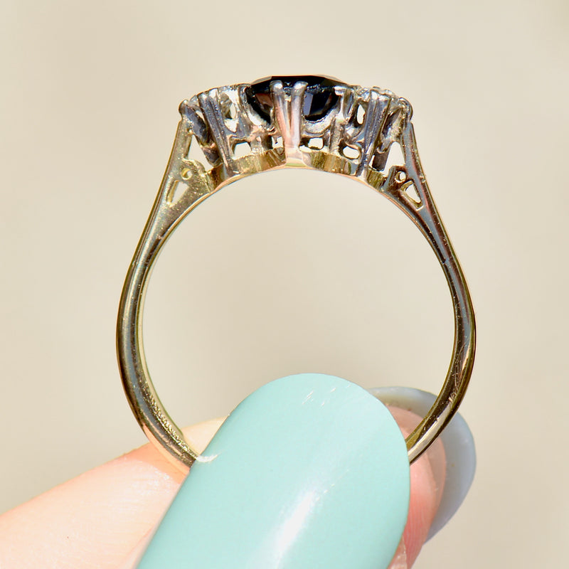 Vintage 1970s Sapphire and Diamond 18ct Yellow Gold Three-Stone Ring (1.27cts)