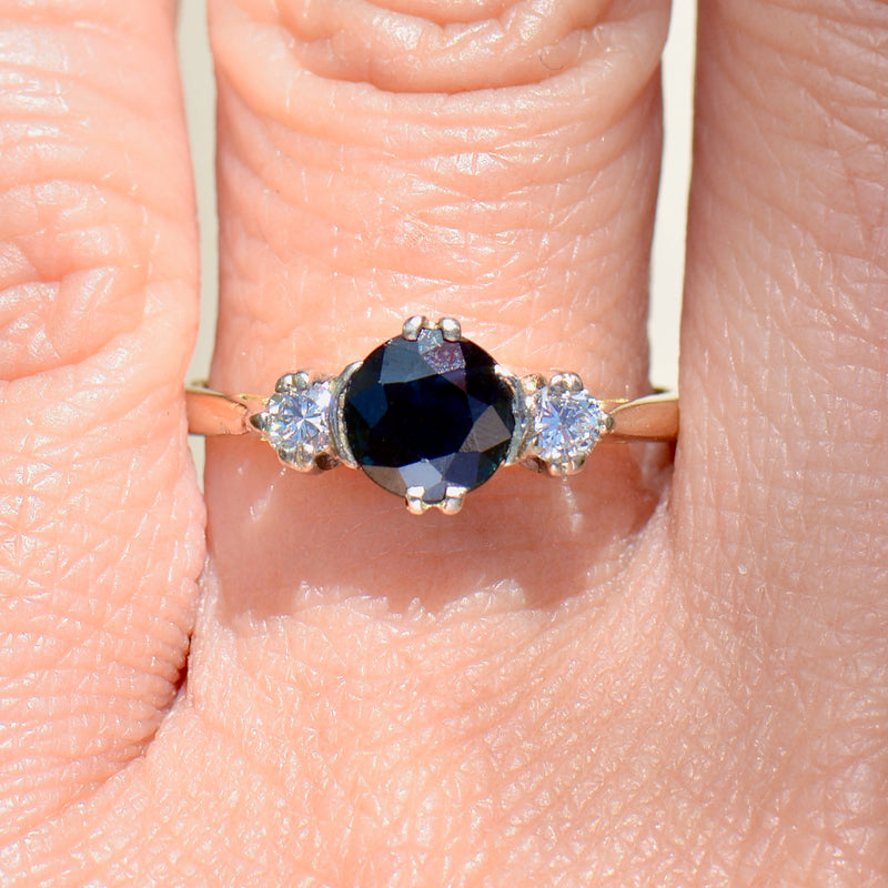 Vintage 1970s Sapphire and Diamond 18ct Yellow Gold Three-Stone Ring (1.27cts)