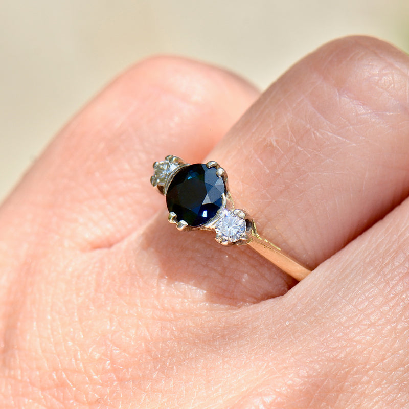 Vintage 1970s Sapphire and Diamond 18ct Yellow Gold Three-Stone Ring (1.27cts)
