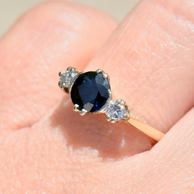 Vintage 1970s Sapphire and Diamond 18ct Yellow Gold Three-Stone Ring (1.27cts)