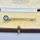 Antique Old European Cut Diamond & Blue Enamel 18ct Gold Safety Pin with Box