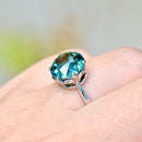 Late Deco Old European Cut Electric Teal Blue Zircon Platinum Solitaire Ring (6.60cts)
