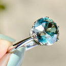 Late Deco Old European Cut Electric Teal Blue Zircon Platinum Solitaire Ring (6.60cts)