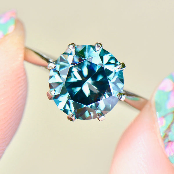 Vintage Blue Zircon 18ct White Gold and Platinum Solitaire Ring (4.15cts)
