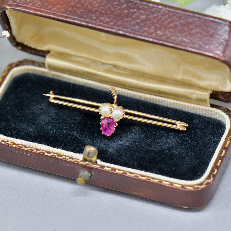 Antique 18ct Gold Ruby & Seed Pearl Brooch Boxed – Stylised Acorn Motif | Natural Unheated Ruby