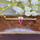 Antique 18ct Gold Ruby & Seed Pearl Brooch Boxed – Stylised Acorn Motif | Natural Unheated Ruby