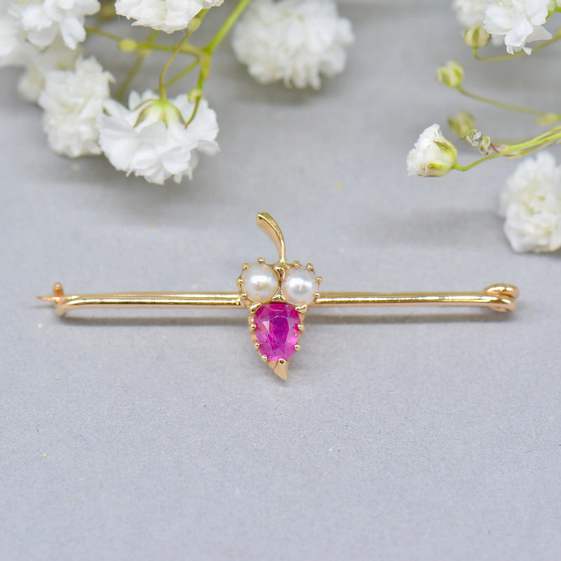 Antique 18ct Gold Ruby & Seed Pearl Brooch Boxed – Stylised Acorn Motif | Natural Unheated Ruby