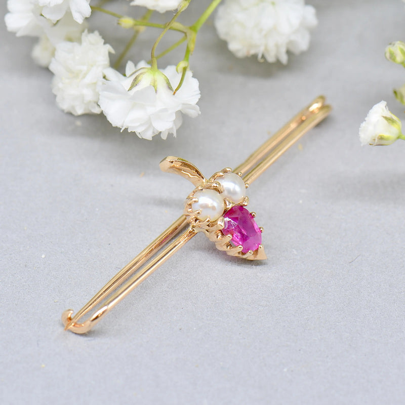 Antique 18ct Gold Ruby & Seed Pearl Brooch Boxed – Stylised Acorn Motif | Natural Unheated Ruby