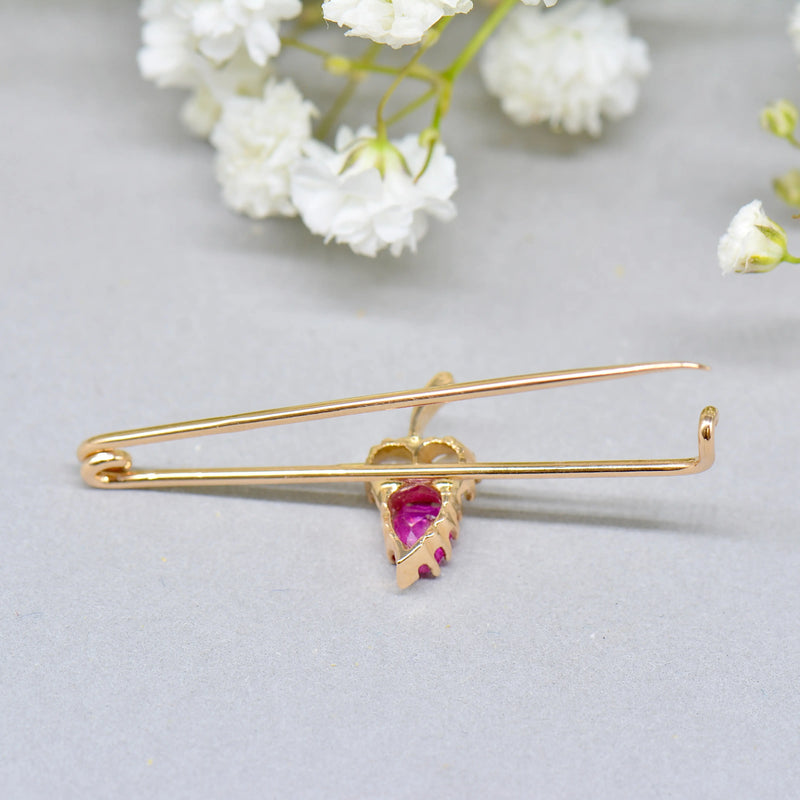 Antique 18ct Gold Ruby & Seed Pearl Brooch Boxed – Stylised Acorn Motif | Natural Unheated Ruby