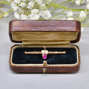 Antique 18ct Gold Ruby & Seed Pearl Brooch Boxed – Stylised Acorn Motif | Natural Unheated Ruby