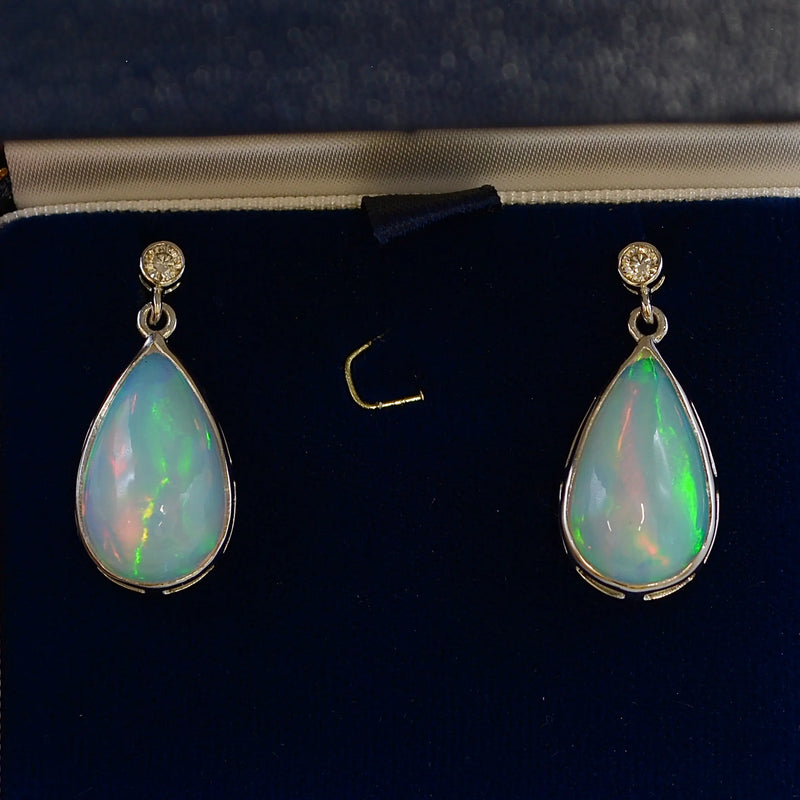 Large Jelly Opal and Diamond Platinum Bezel Set Drop Earrings (11.50cts)