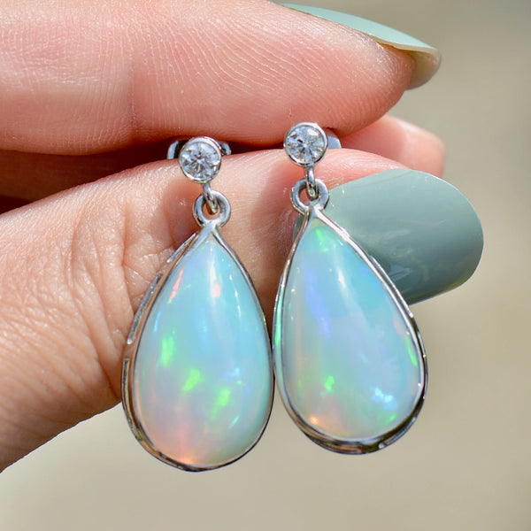 Large Jelly Opal and Diamond Platinum Bezel Set Drop Earrings (11.50cts)