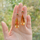 Large Golden Yellow Citrine and Green Tourmaline 9ct Yellow Gold Drop Earrings (33.00cts)