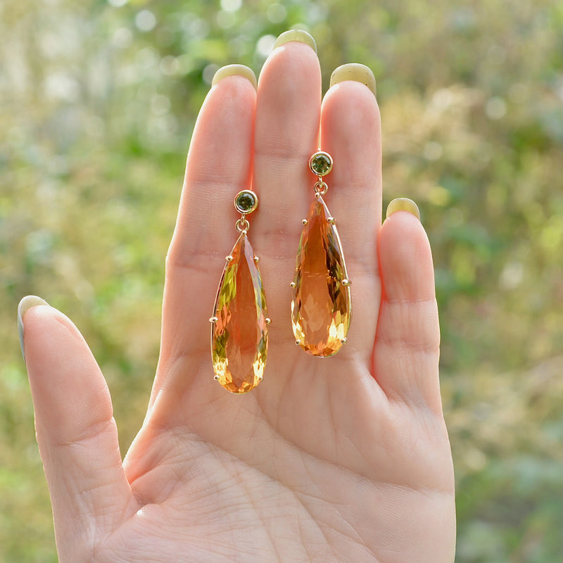 Large Golden Yellow Citrine and Green Tourmaline 9ct Yellow Gold Drop Earrings (33.00cts)