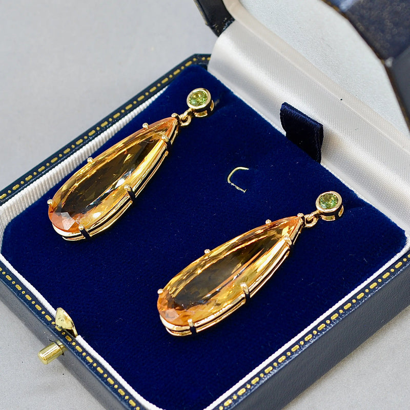 Large Golden Yellow Citrine and Green Tourmaline 9ct Yellow Gold Drop Earrings (33.00cts)