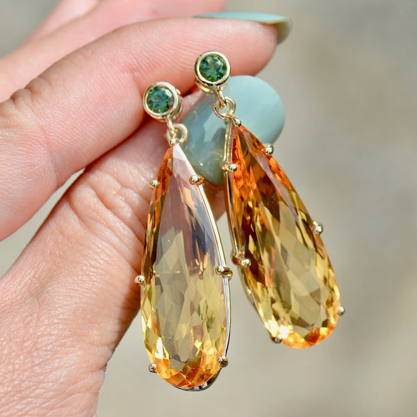 Large Golden Yellow Citrine and Green Tourmaline 9ct Yellow Gold Drop Earrings (33.00cts)
