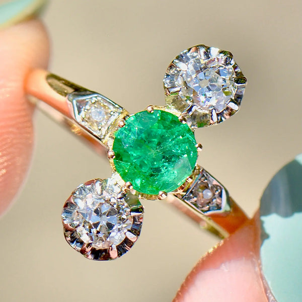 Antique Belle Epoque Emerald and OMC Diamonds 18ct Yellow Gold & Platinum Ring