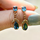 Edwardian Style London Blue Topaz and Seed Pearl 9ct Yellow Gold Drop Earrings
