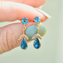 Edwardian Style London Blue Topaz and Seed Pearl 9ct Yellow Gold Drop Earrings