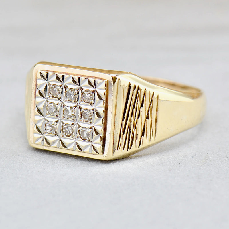 Vintage 1980s Diamond Set Men’s 9ct Yellow Gold Signet Ring