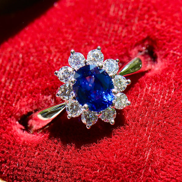 Royal Blue Sapphire and Diamond 18ct White Gold Halo Ring (1.51cts)