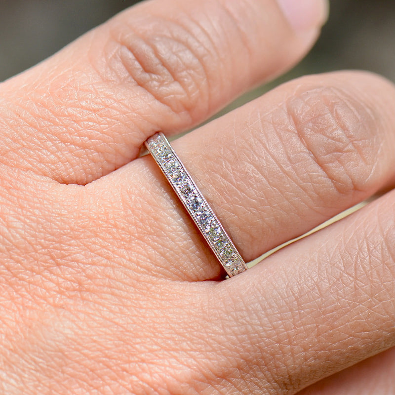 Platinum 0.25ct Diamond Flush-Set Millgrain Detailed Half Eternity Stackable Band