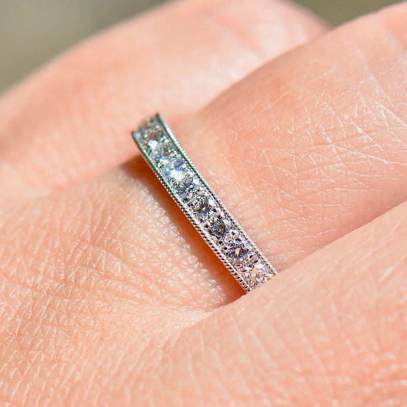 Platinum 0.25ct Diamond Flush-Set Millgrain Detailed Half Eternity Stackable Band