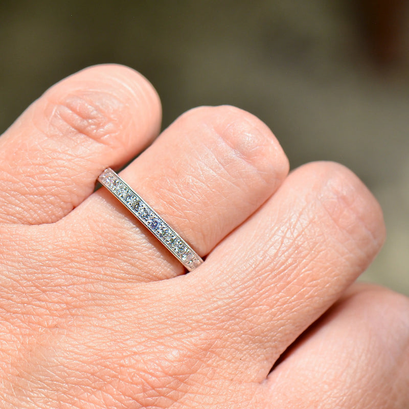 Platinum 0.25ct Diamond Flush-Set Millgrain Detailed Half Eternity Stackable Band