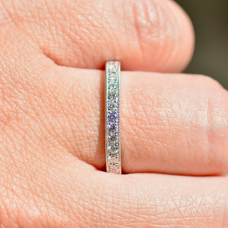 Platinum 0.25ct Diamond Flush-Set Millgrain Detailed Half Eternity Stackable Band
