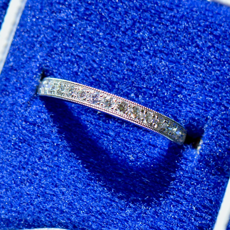 Platinum 0.25ct Diamond Flush-Set Millgrain Detailed Half Eternity Stackable Band