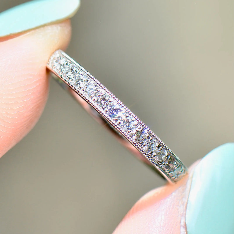 Platinum 0.25ct Diamond Flush-Set Millgrain Detailed Half Eternity Stackable Band