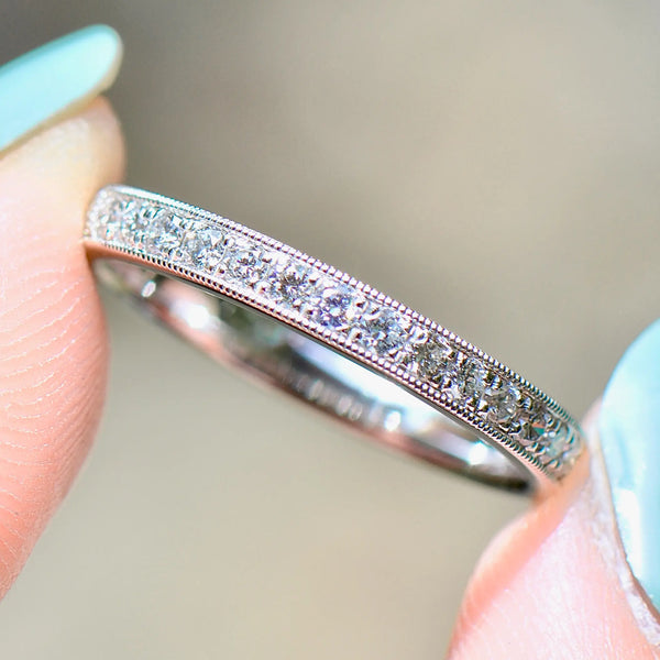 Platinum 0.25ct Diamond Flush-Set Millgrain Detailed Half Eternity Stackable Band