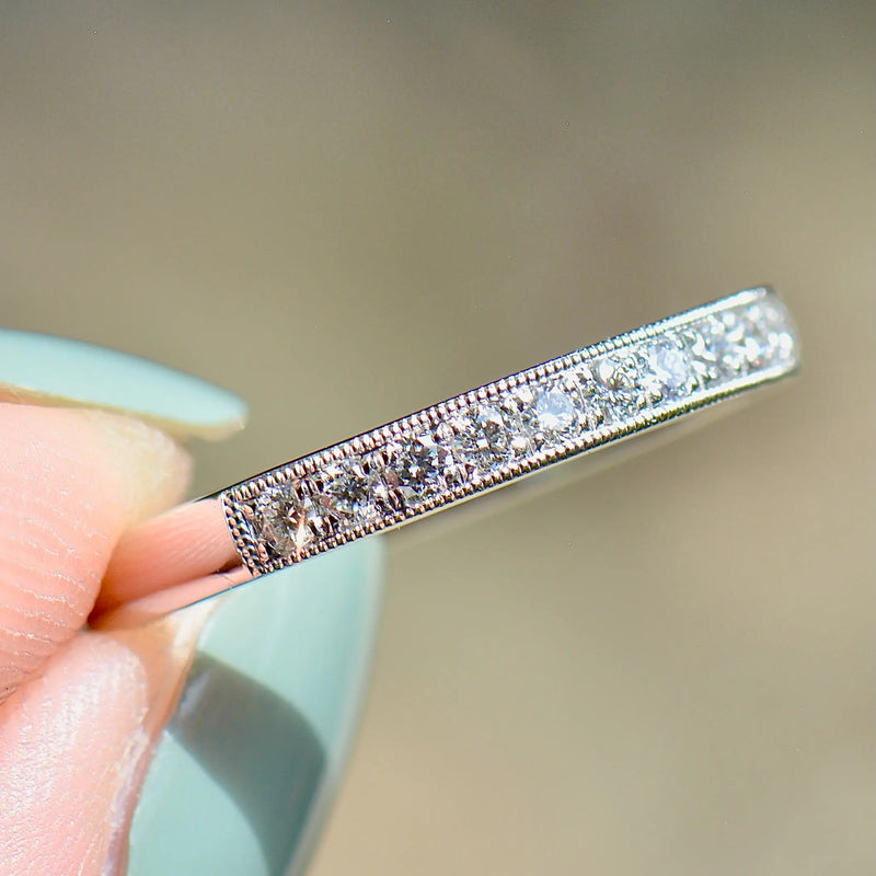 Platinum 0.25ct Diamond Flush-Set Millgrain Detailed Half Eternity Stackable Band