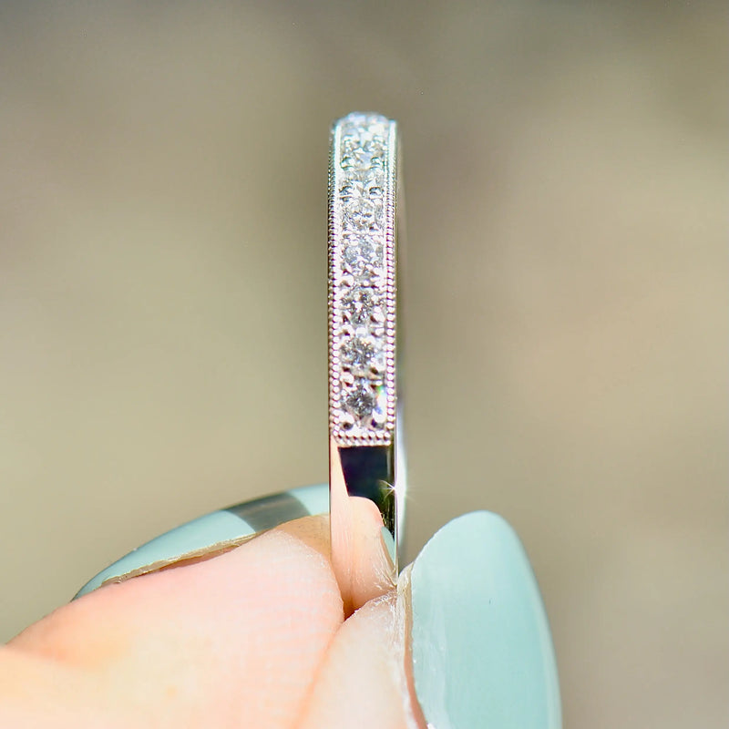 Platinum 0.25ct Diamond Flush-Set Millgrain Detailed Half Eternity Stackable Band