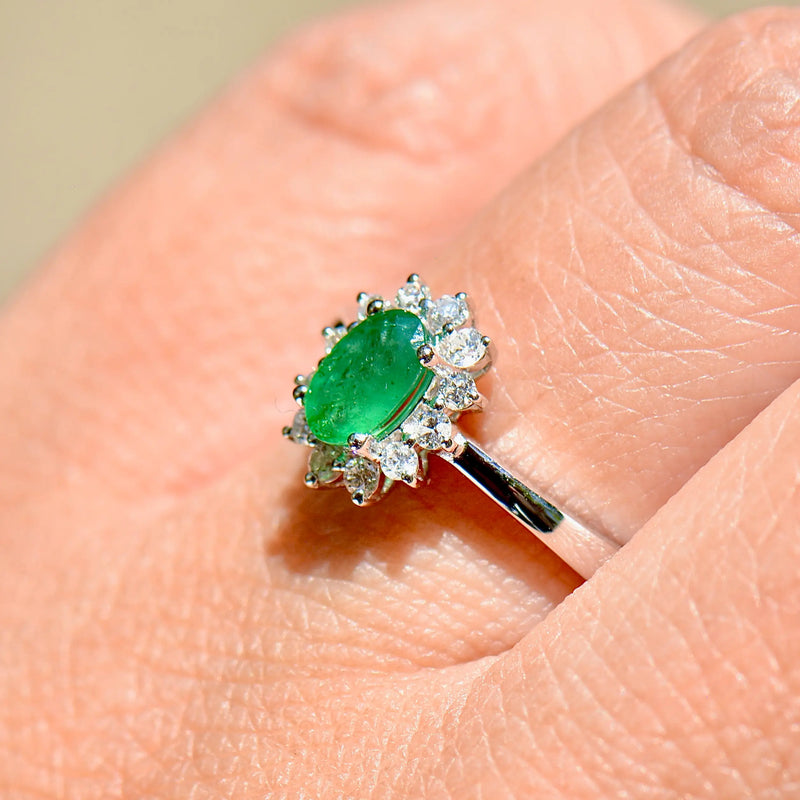 Emerald and Diamond 18ct White Gold Halo Ring (0.54ct)