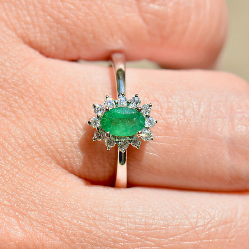Emerald and Diamond 18ct White Gold Halo Ring (0.54ct)