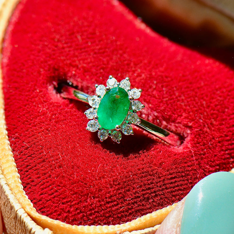 Emerald and Diamond 18ct White Gold Halo Ring (0.54ct)