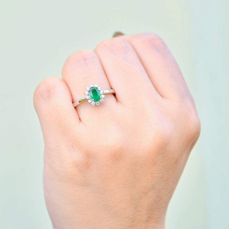 Emerald and Diamond 18ct White Gold Halo Ring (0.54ct)