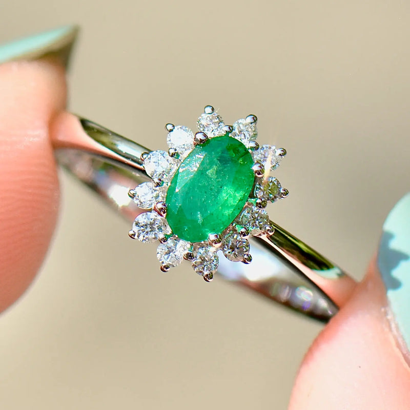 Emerald and Diamond 18ct White Gold Halo Ring (0.54ct)