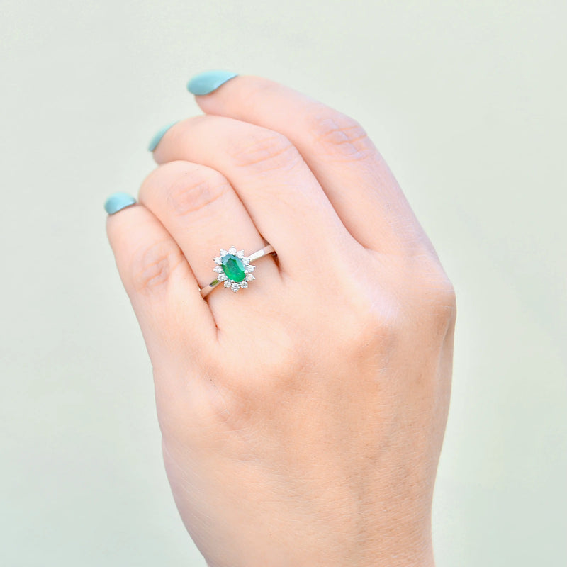 Emerald and Diamond 18ct White Gold Halo Ring (0.54ct)