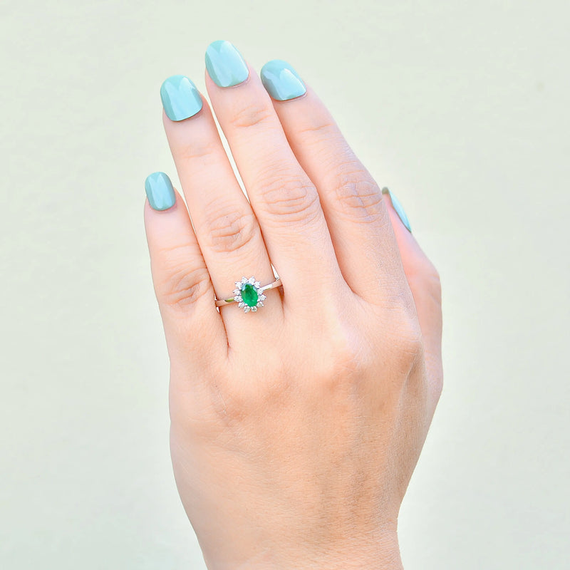 Emerald and Diamond 18ct White Gold Halo Ring (0.54ct)