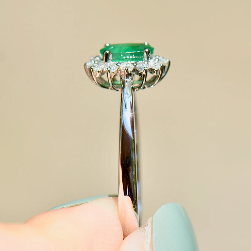 Emerald and Diamond 18ct White Gold Halo Ring (0.54ct)