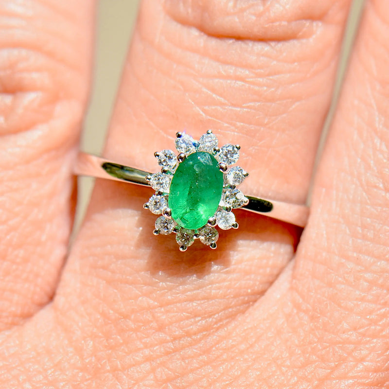 Emerald and Diamond 18ct White Gold Halo Ring (0.54ct)