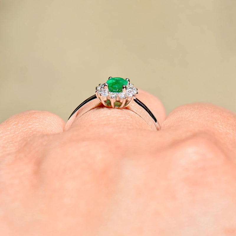 Emerald and Diamond 18ct White Gold Halo Ring (0.54ct)
