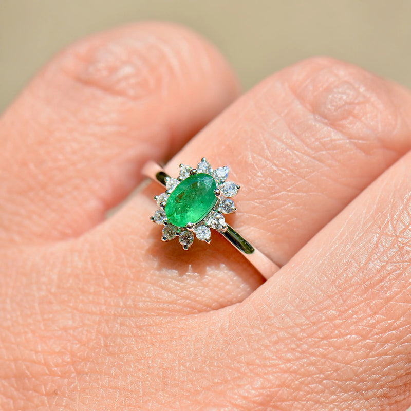 Emerald and Diamond 18ct White Gold Halo Ring (0.54ct)